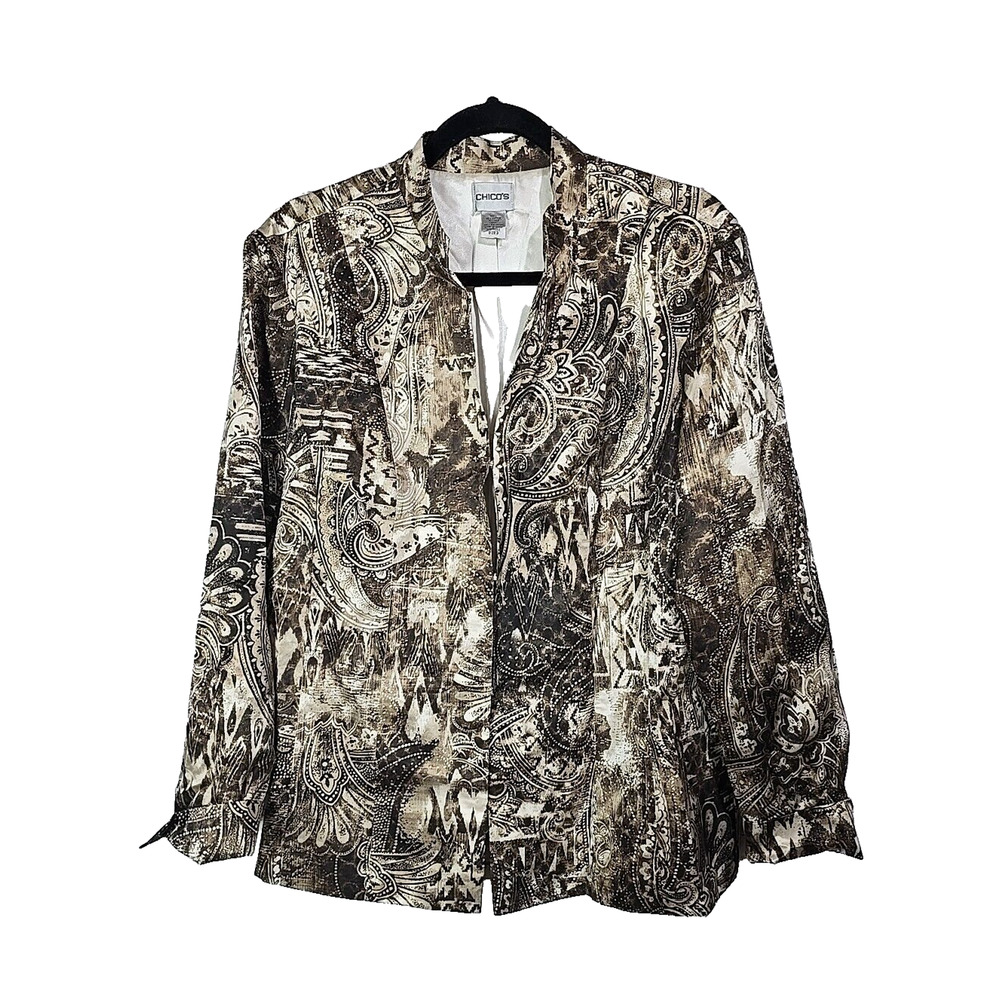 Chico's Brown Paisley Artsy Print Long Sleeve Casual Blazer Jacket Womens Size 3